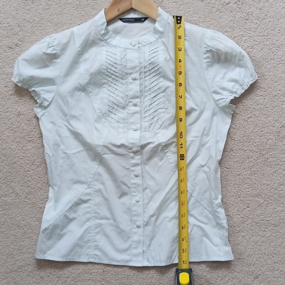 Ptp17" Cotton Aqua-blue Short Puff Sleeve Button Blouse with Pleated Details - Picture 17 of 17